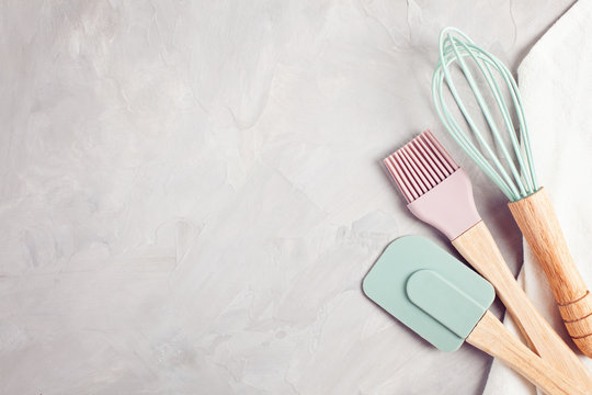 Pastel Color Kitchen Utensils Top View.