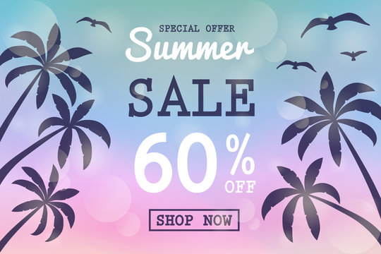Multicolored banner with tropical palms for Summer Sale. Vector.