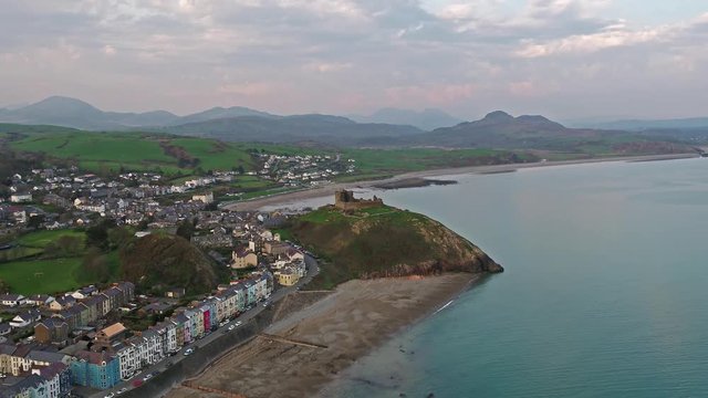 Aerial view of Criccieth castle and beach at dawn, Wales, UK
