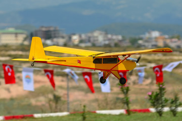 Homemade radio control aircraft  on blue sky.