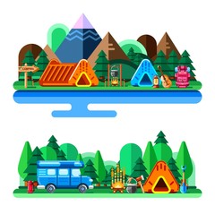 Summer camping in forest and mountains, vector flat style illustration. Adventures, travel and eco tourism concept.