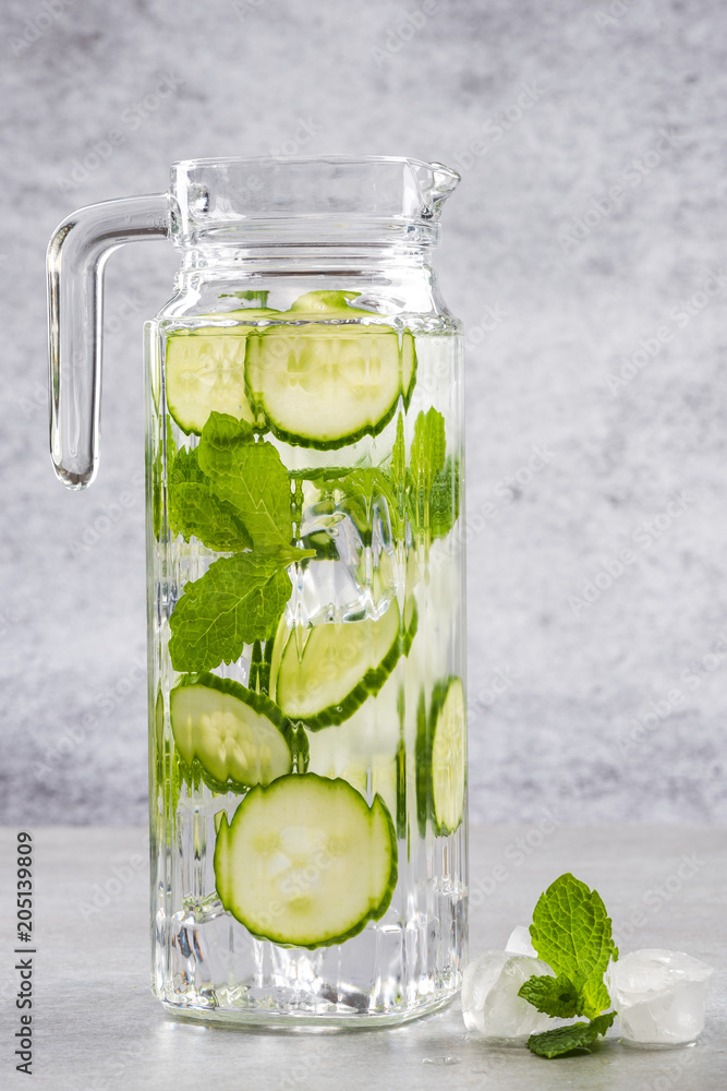 Wall mural Cucumber and mint lemonade water in jug