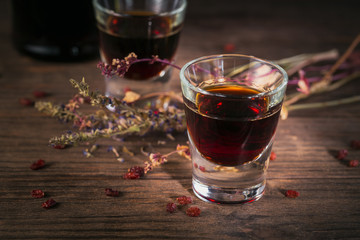 Herbal bitter liqueur with different natural ingredients.