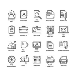 Business and office work. Documents, paperwork. Businessman. Thin line black web icon set. Outline icons collection. Vector illustration.