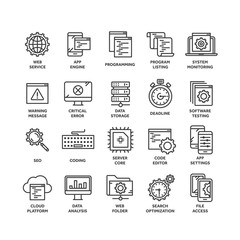 Seo and app development. Search engine optimization. Internet, e-commerce.Thin line black web icon set. Outline icons collection. Vector illustration.