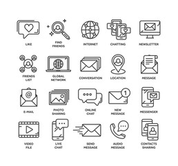 Communication. Social media. Online chatting. Phone call, app messenger. Mobile,smartphone. Computing.Email. Thin line black web icon set. Outline icons collection. Vector illustration.