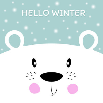 Face cute polar bear and falling snowflakes.