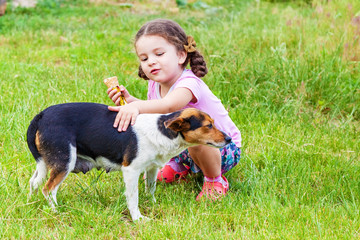 Girl stroking s mongrel dog outdoorss