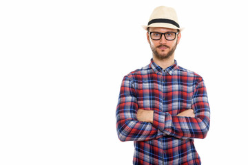 Young handsome bearded tourist man ready for vacation