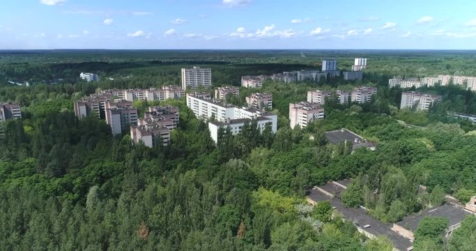 Flight over of Pripyat ghost town. Nuclear accident - Chernobyl, Ukraine