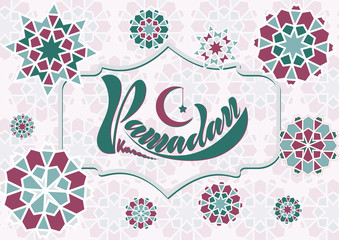 Vector illustration of handwritten text, inscription Ramadan Kareem banner, postcard with Islamic geometric patterns, moon, star, lantern frame.