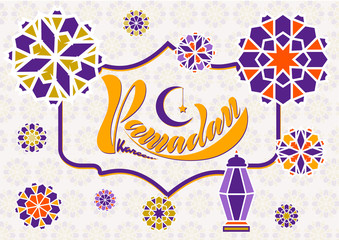 Vector illustration of handwritten text, inscription Ramadan Kareem banner, postcard with Islamic geometric patterns, moon, star, lantern frame.