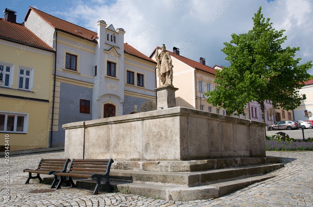 Wall mural square with fountain in the historic town vimperk, southern bohemia, czech republic, europe,