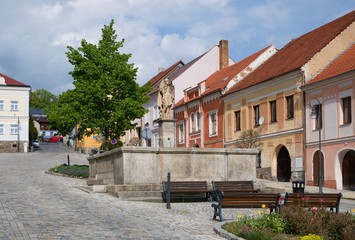 Fototapeta na wymiar Square with fountain in the historic town Vimperk, southern Bohemia, Czech republic, Europe,
