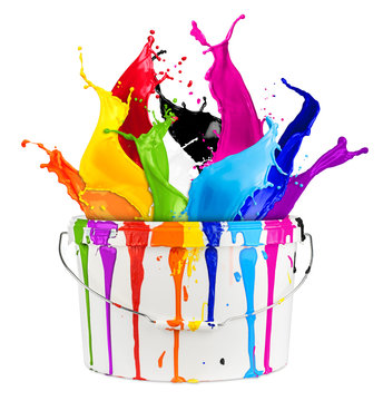 Wild color splash in paint bucket isolated on white background renovation concept / Farbspritzer bunt regenbogen Farbeinemer farben konzept isoliert