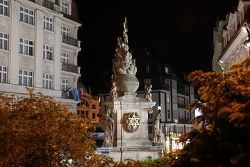 Holy Trinity Column - Jewish memorial in Carlsbad (Karlovy Vary), Czech Republic at night 