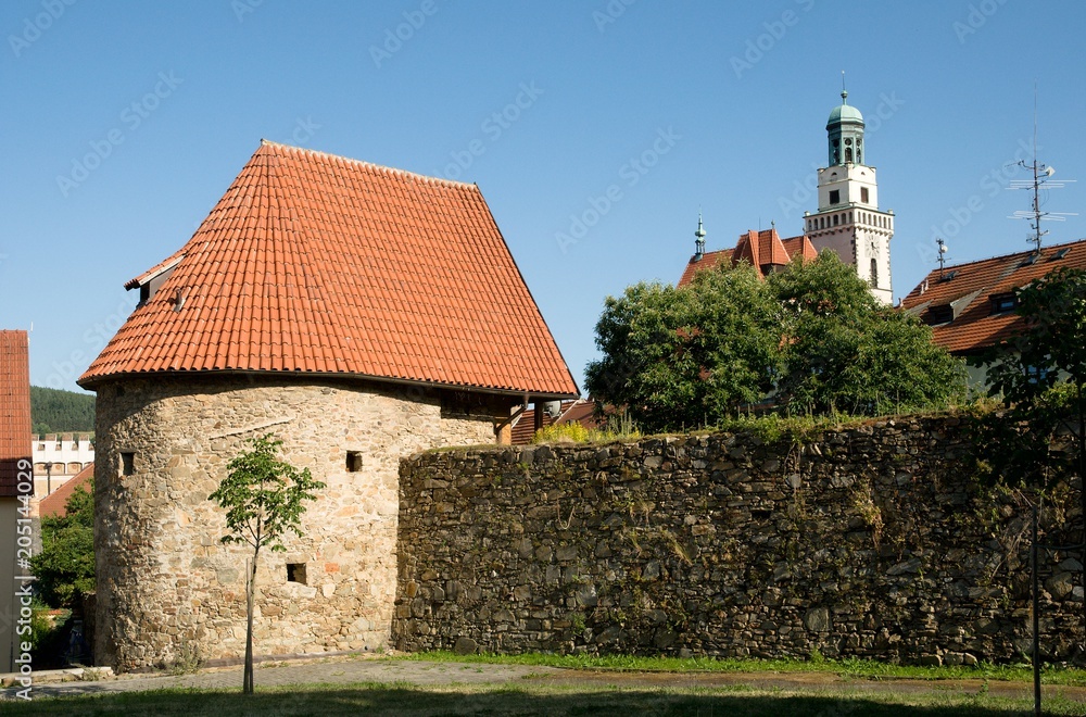 Wall mural historic city fortifications and church st. jacob the greater in the town prachatice in southern boh