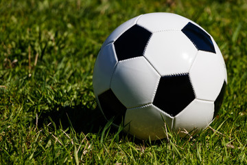 Fototapeta premium Classic soccer ball on a background of green grass. The bright sun is shining, on the grass the shadow of a soccer ball