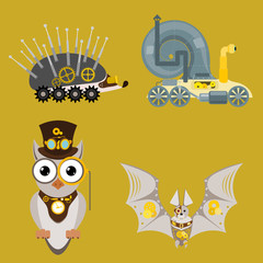 Stylized metal steampunk mechanic robots animals machine steam gear insect punk art machinery vector illustration.