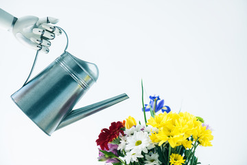 hand of robot holding watering pot and beautiful bouquet of flowers isolated on white © LIGHTFIELD STUDIOS