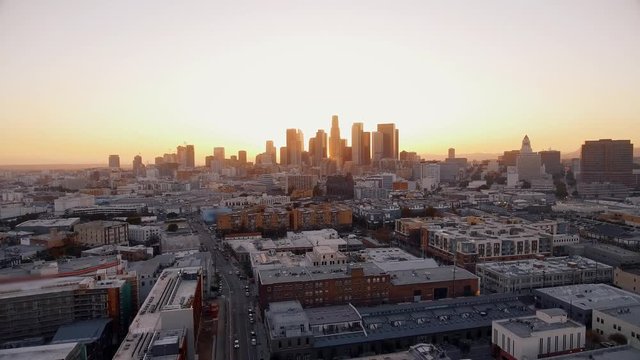 Aerial shot looking towards Downtown Los Angeles during the sunset