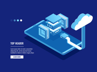 Futuristic abstract data warehouse, cloud storage, server room, data center and database icon, upload