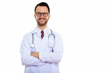 Fototapeta premium Young handsome bearded man doctor