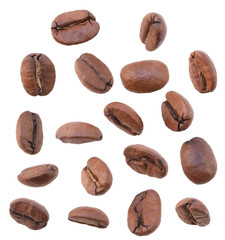 Close up fresh roasted coffee beans in various position isolated on white background.