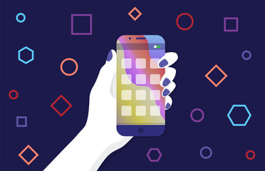 Hand keeps modern smartphone with a social network application. Phone interface. Flat vector illustration