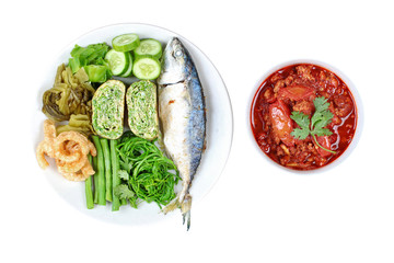 Spicy meat and tomato dip,Nam Prik Ong,with side dish