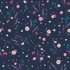 Pink grey roses and daisies ditsy seamless pattern. Great for retro summer fabric, scrapbooking, giftwrap, and wallpaper design projects. Surface pattern design.