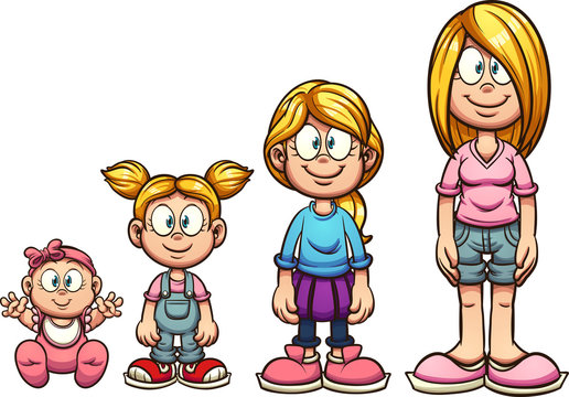 Cartoon girl growing up from baby to teenager. Vector clip art illustration with simple gradients. Each on a separate layer. 