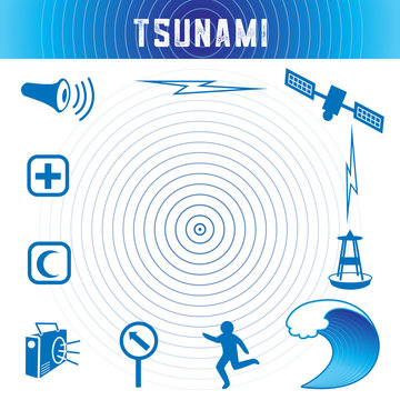 Tsunami icons and symbols, ocean blue: earthquake epicenter, satellite, transmission, tsunami buoy, ocean wave, escaping person, evacuation route sign, radio, emergency services, civil defense siren