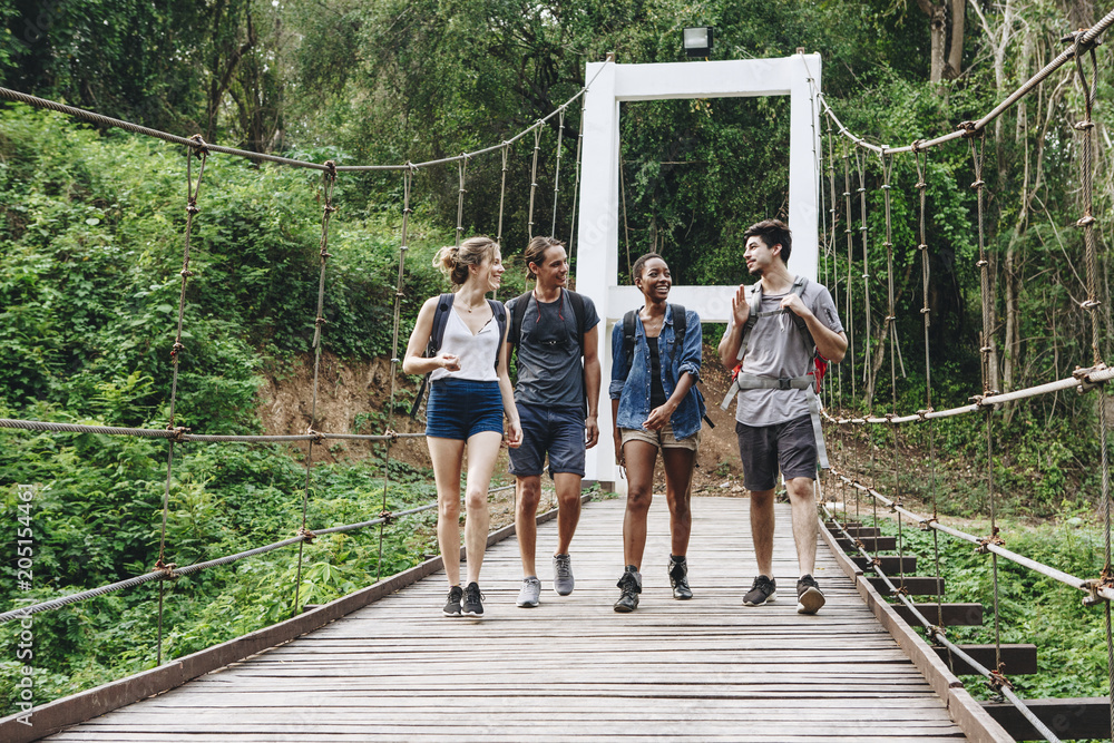 Wall mural friends walking on a bridge in nature