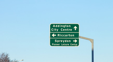 Fototapeta premium Christchurch Road Sign in New Zealand with copy space