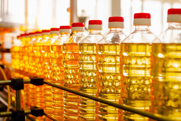 Sunflower oil. Factory line of production and filling of refined oil from sunflower seeds. Factory conveyor of food industry.