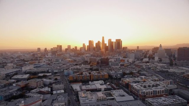 Beautiful aerial view towards Downtown Los Angeles during the sunset