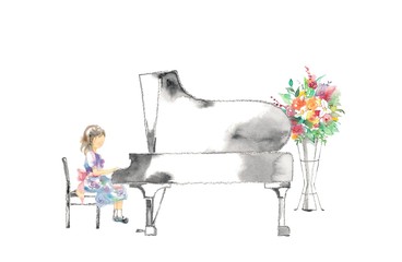 ピアノ発表会、女の子と花、赤