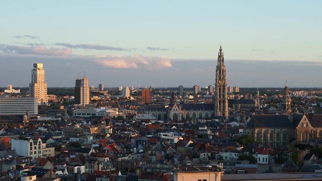 City Center Skyline at sunset, elevated view, Antwerp, Belgium