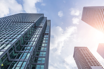 Bottom view of office building window close up