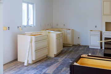 Blind cabinet, island drawers and counter cabinets installed