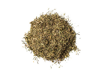 Pile of dried thyme seasoning isolated on white background