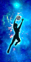 Fototapeta na wymiar Basketball player. Girl jumping and catching the Earth globe. Elements of this image furnished by NASA. Deep space filled with stars, nebula and galaxy. Cutout silhouettes.