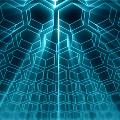 Perspective view on honeycomb. Hexagon pattern background. Isometric geometry. 3D rendering