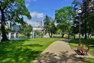 A beautiful park and pond at the White Factory  at Piotrkowska Street in Lodz.

