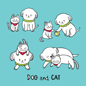 Cartoon cute white cat and white dog vector.