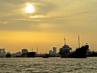 Fototapeta premium sunset over port of Chittagong, Bangladesh