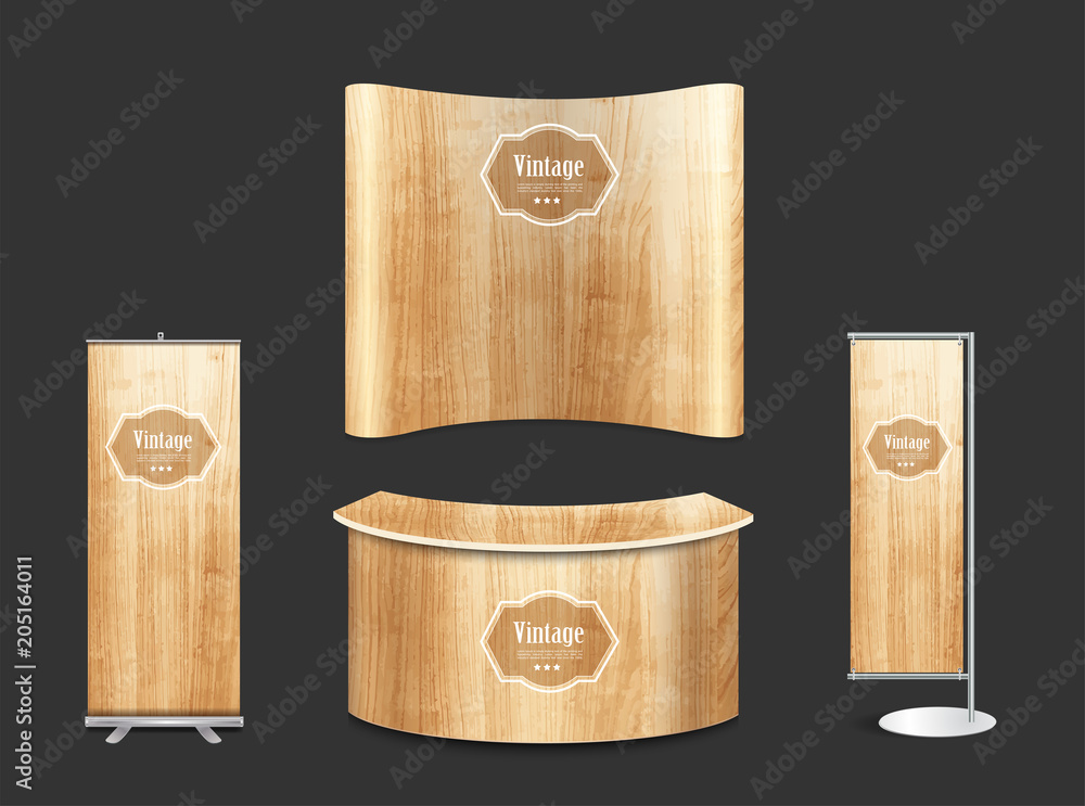 Aufkleber blank trade show booth exhibition stand design mock up. front view with wood texture background, vec