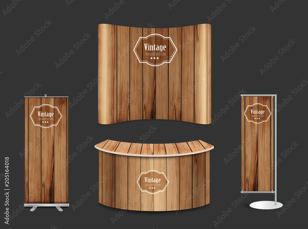 Poster blank trade show booth exhibition stand design mock up. front view with wood texture background, vec