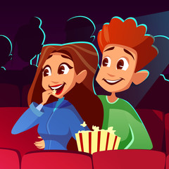 Couple in cinema vector illustration of young boy and girl watching movie together. Cartoon teens or man and woman eating popcorn happy or excited smiling and laughing, looking at comedy screen